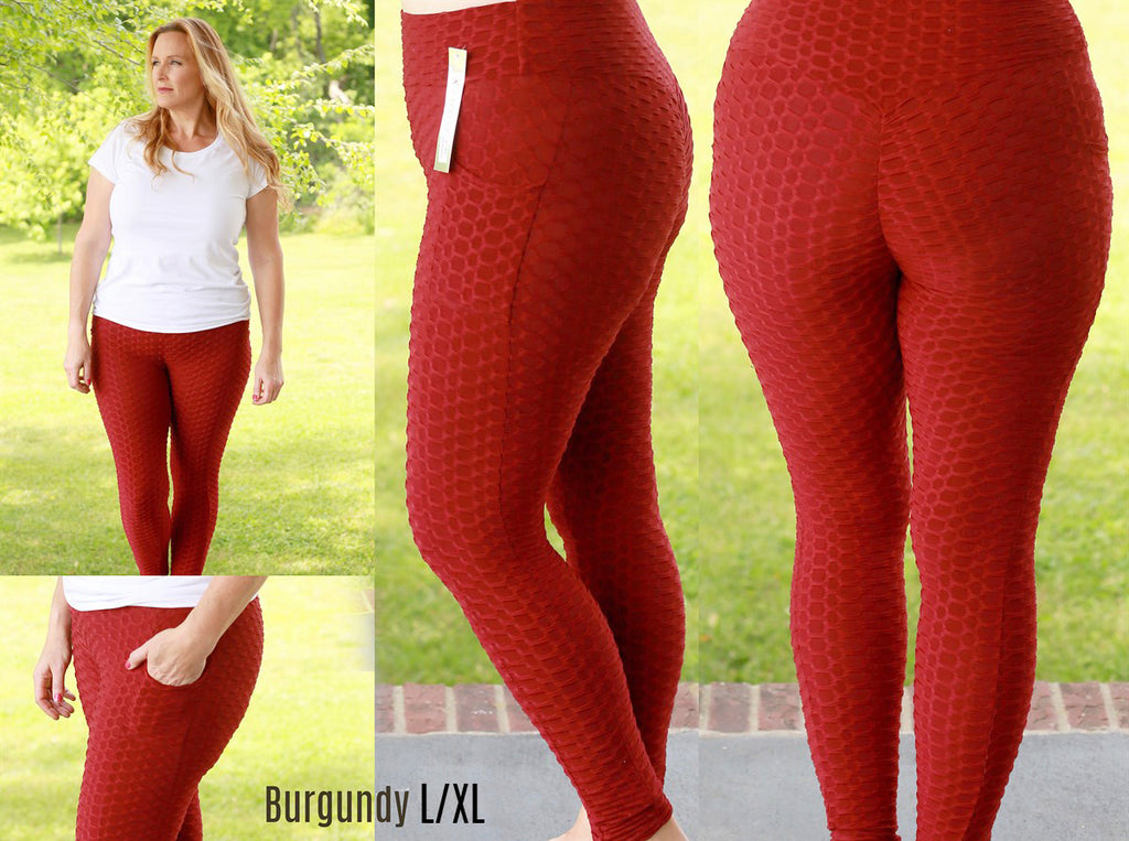 Textured Burgundy Butt Lifting Anti Cellulite Leggings (Size L/XL